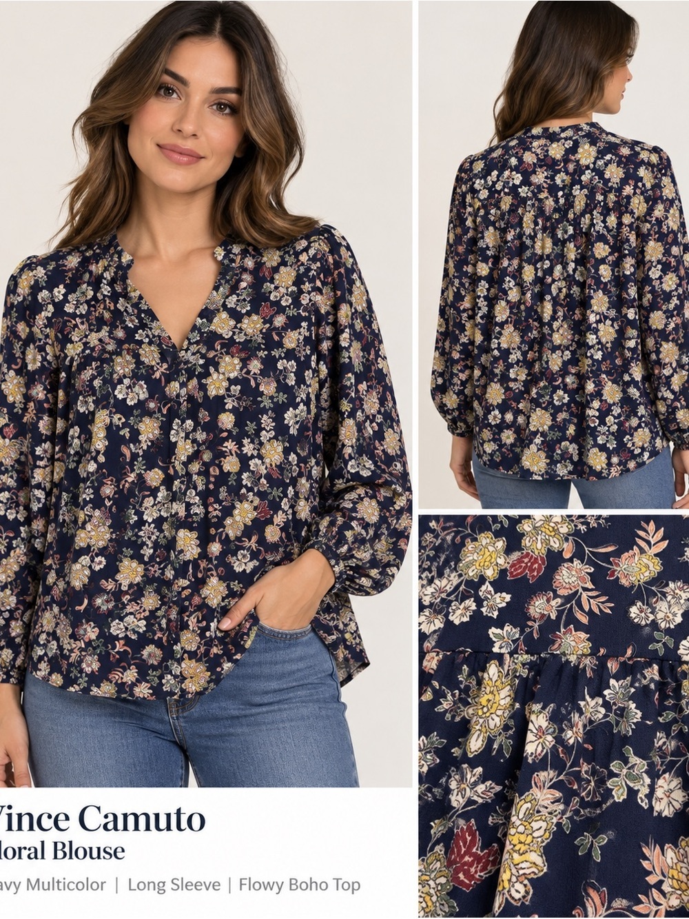 Vince Camuto Floral Blouse Size S – Navy Multicolor, Long Sleeve, Flowy Boho Top